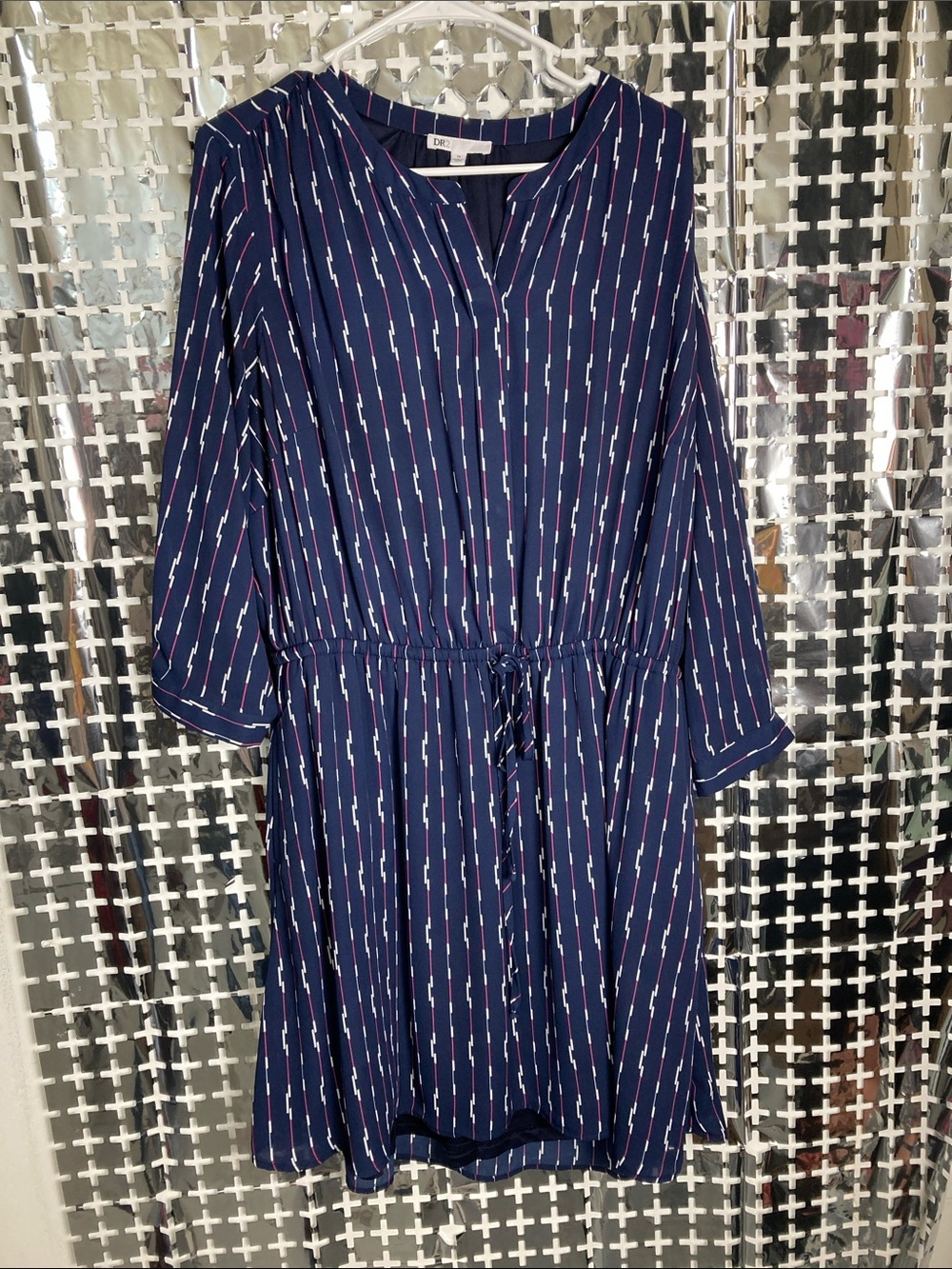 DR2 Navy Long-Sleeve Drawstring Waist Striped Dress